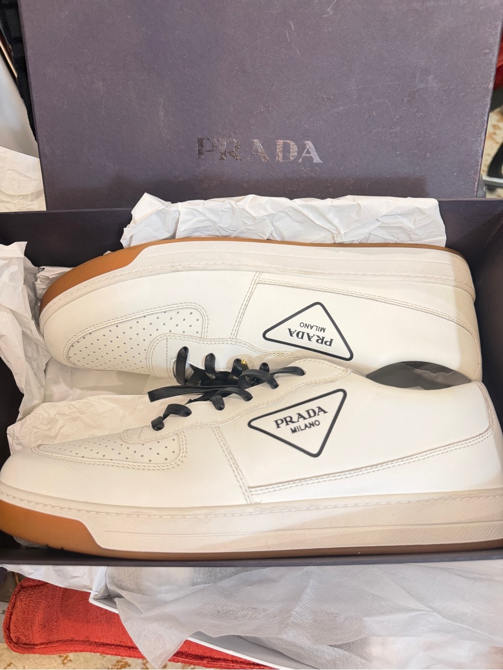 Prada White Leather Sneakers with Black Laces and Tan Soles